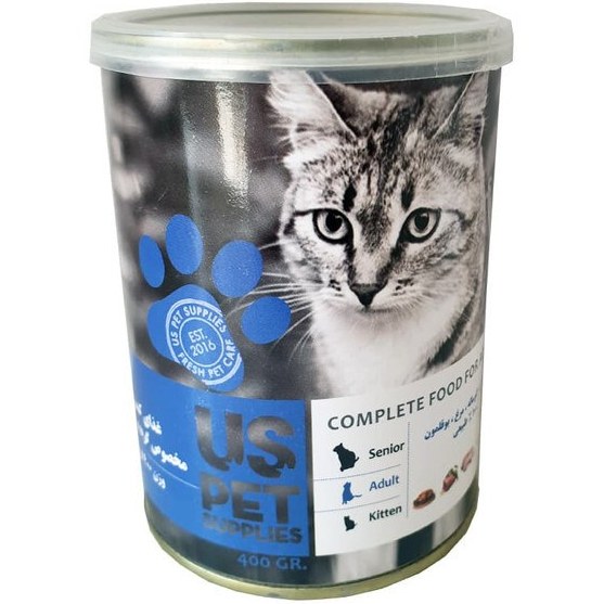 کنسرو گربه یو اس پت طعم گوساله و مرغ و بوقلمون 800 گرم