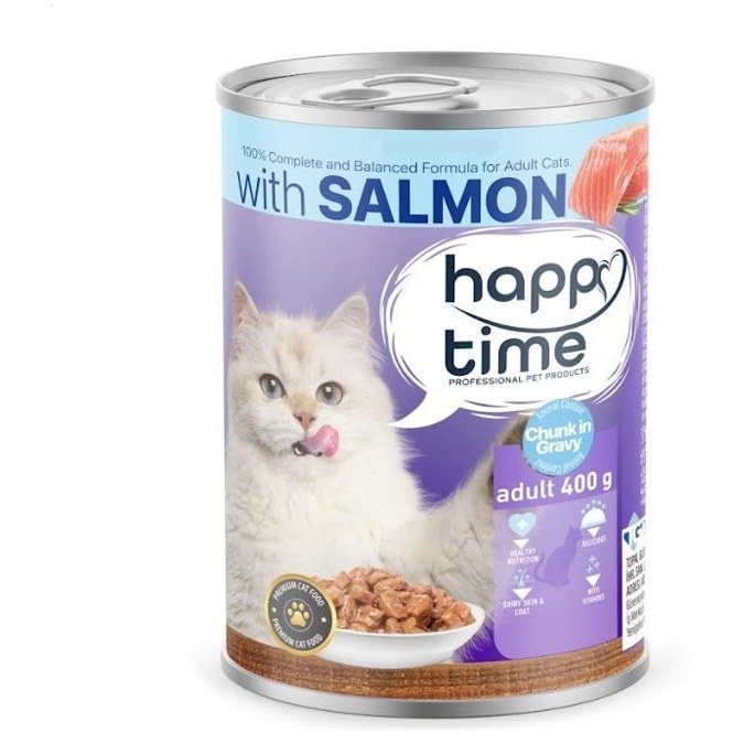 غذای کنسرو گربه بالغ با طعم ماهی سالمون هپی تایم 400 گرمی