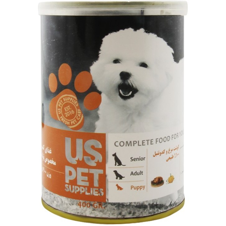 کنسرو توله سگ یو اس پت 400 گرم طعم گوشت مرغ و کدو تنبل