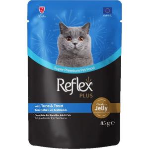 پوچ گربه رفلکس پلاس ماهی تن و قزل ژله ای Reflex Plus 85g